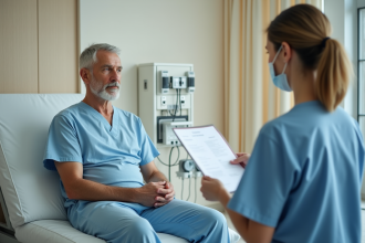 Patient assis avec médecin dans une salle d'hôpital