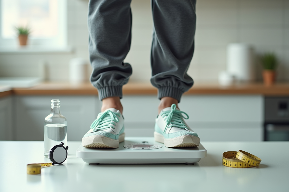 Personne en tenue sportive se pesant sur la balance avec mètre et eau à côté