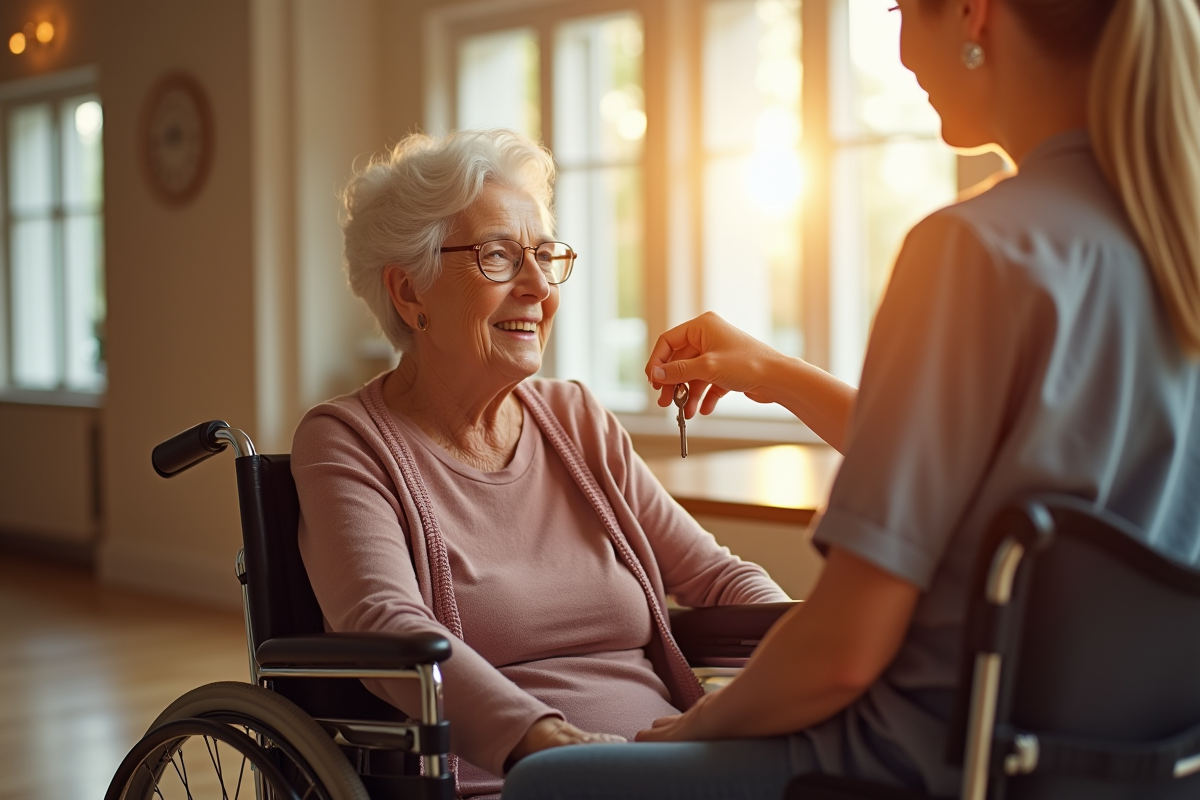 Femme agee souriante en fauteuil recevant des clés