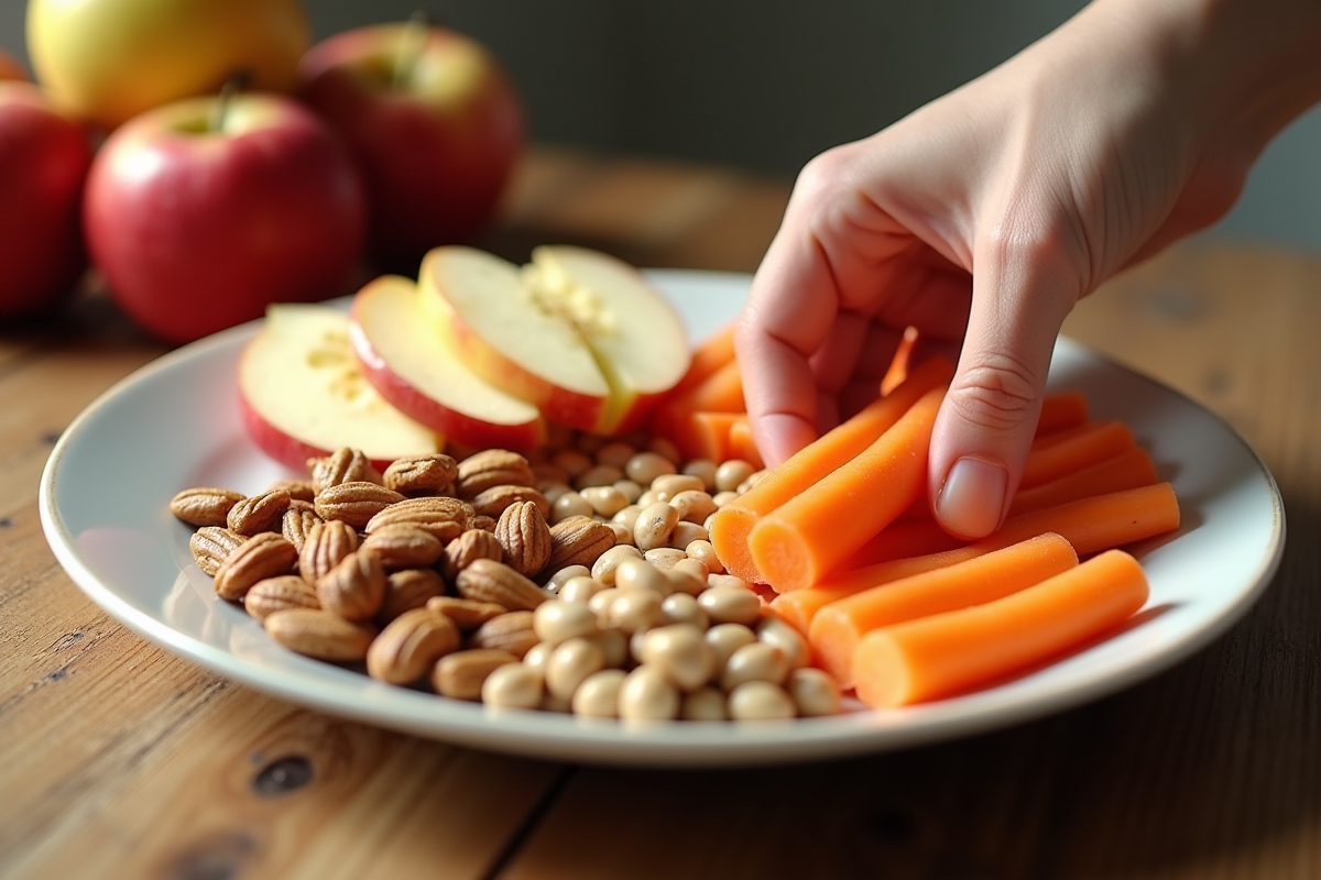 Assiette de snack sain avec noix pommes et carottes en journée lumineuse