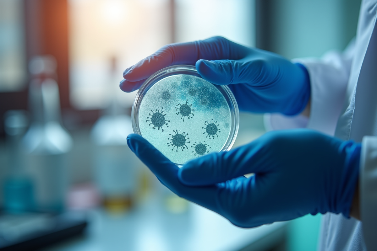 Mains en gants bleus tenant une boîte de Pétri avec virus émergents
