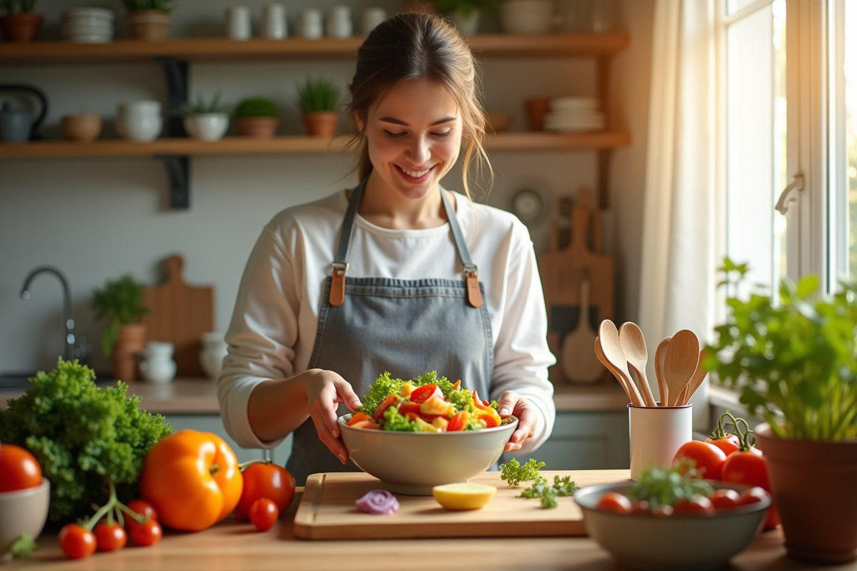 Personne préparant une salade colorée dans la cuisine lumineuse