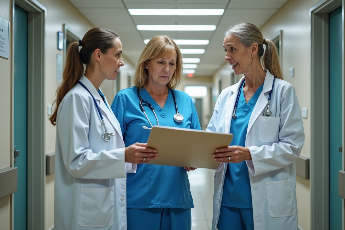 Professionnels de santé discutant dans un couloir d