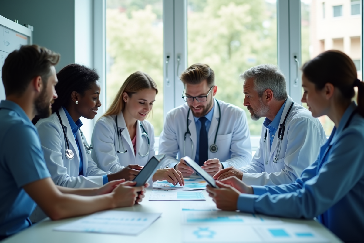 Professionnels de santé collaborant autour d'une table en équipe