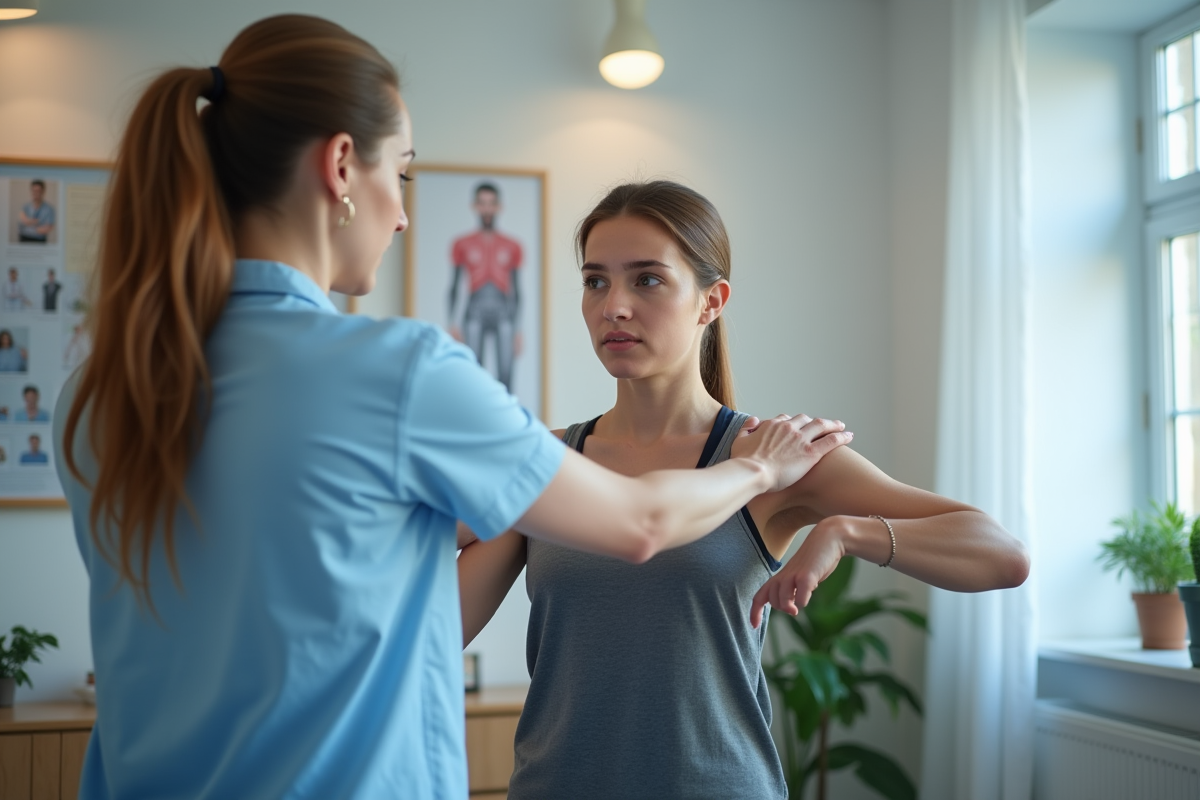 Kinésithérapeute montrant un étirement à une jeune femme