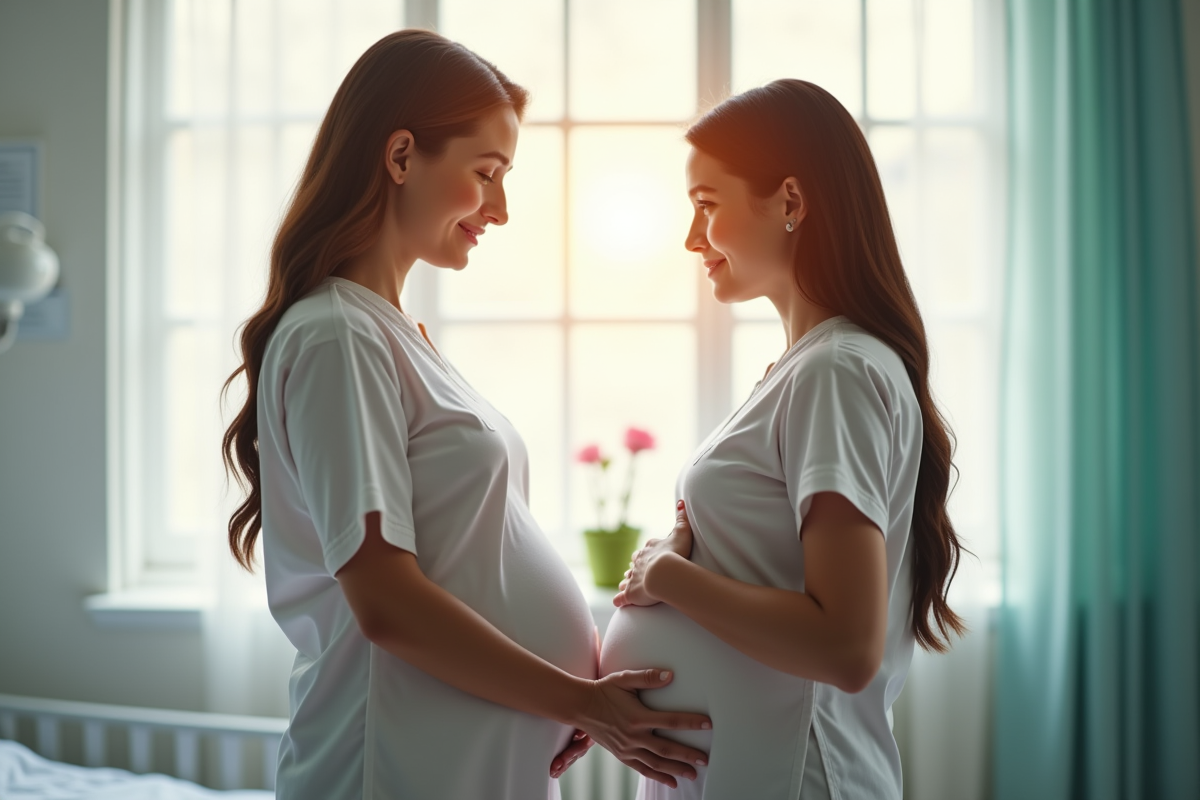 Accompagnante sage guide une femme enceinte dans une salle lumineuse