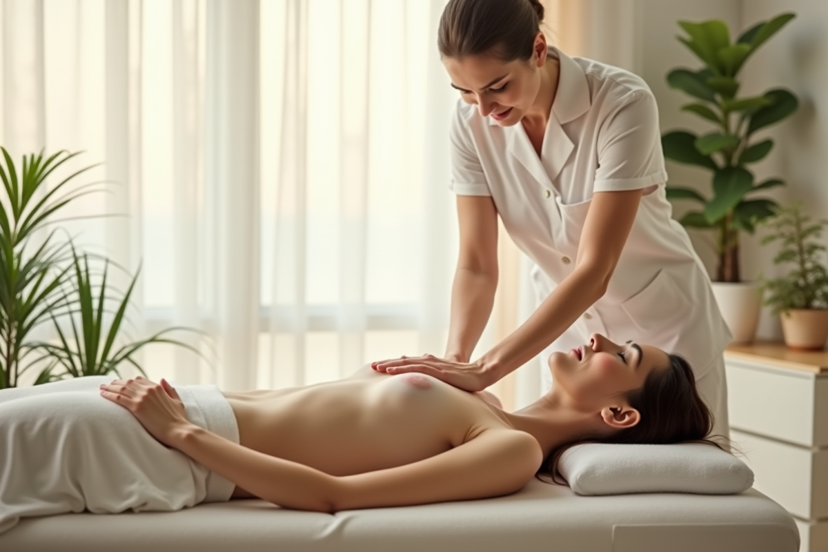 Salle de thérapie calme avec personne sur table de massage