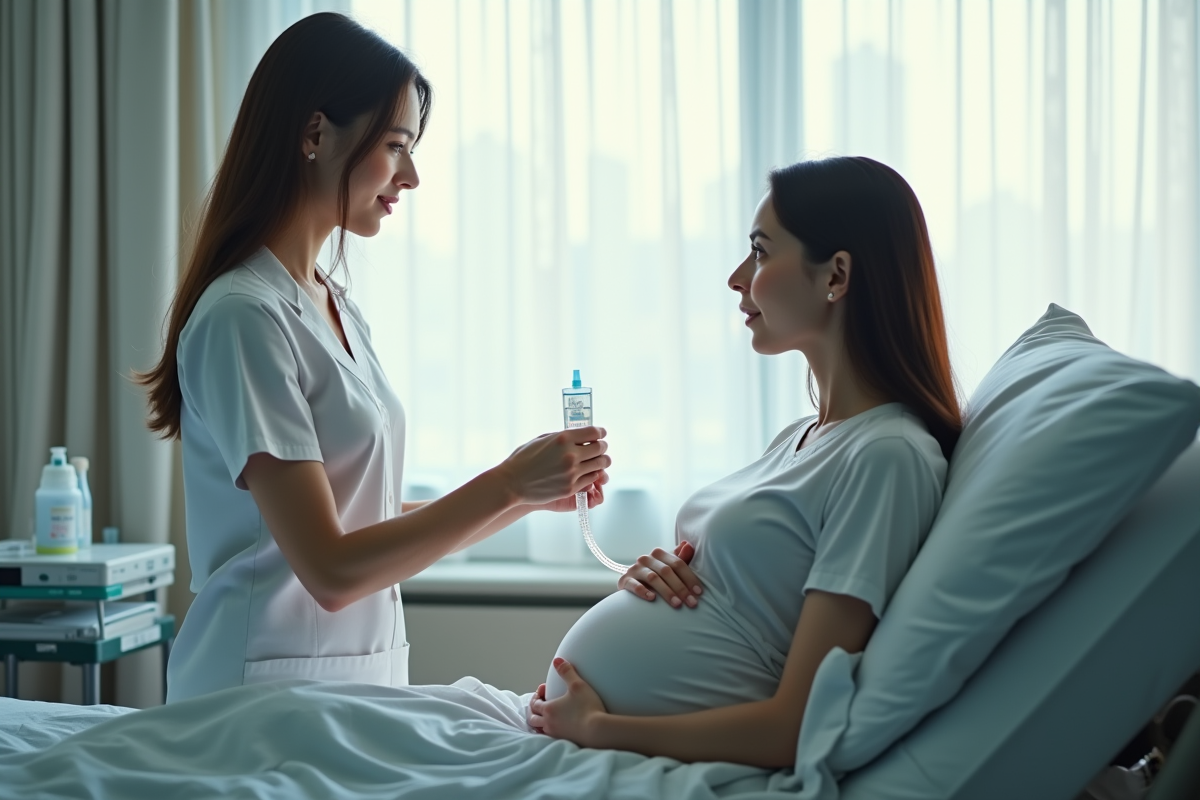Femme enceinte dans une salle d'hôpital calme et moderne
