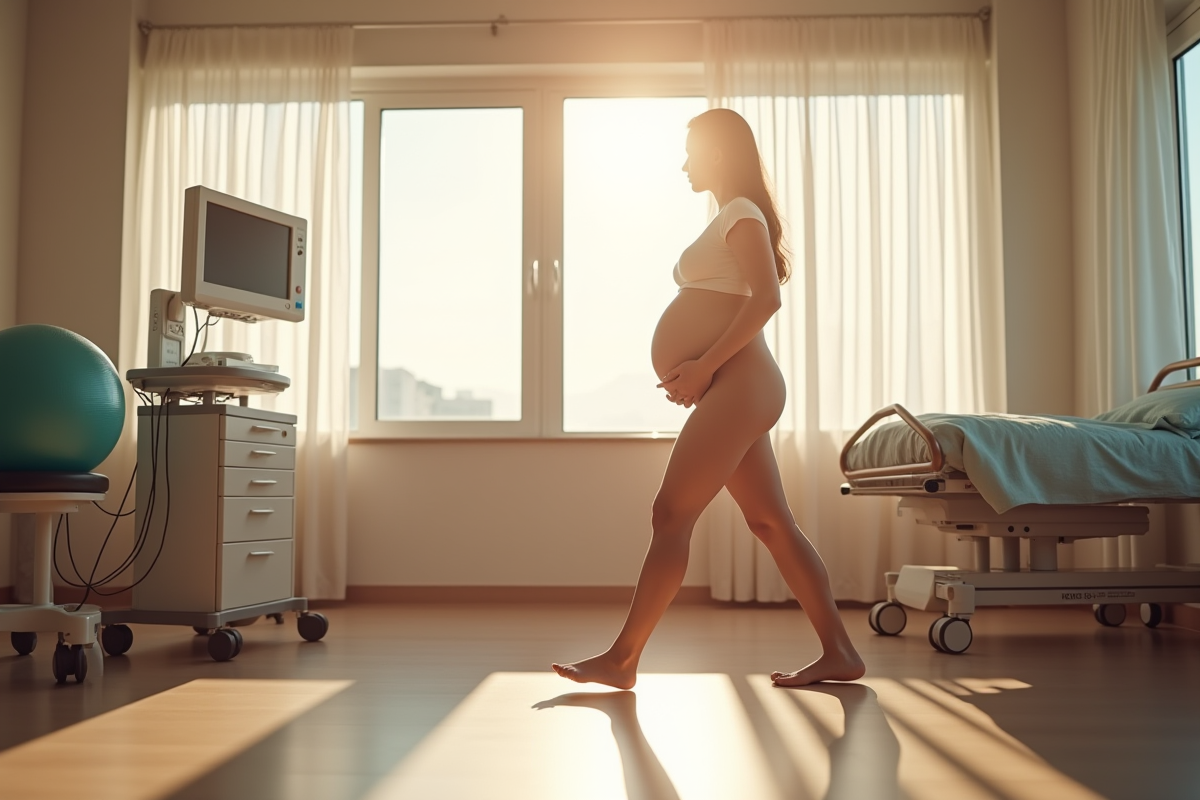 Salle de maternité moderne avec femme enceinte marchant sereinement