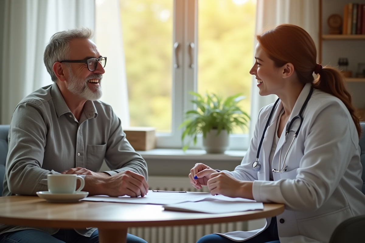 Homme souriant dans un salon lumineux avec un professionnel de santé