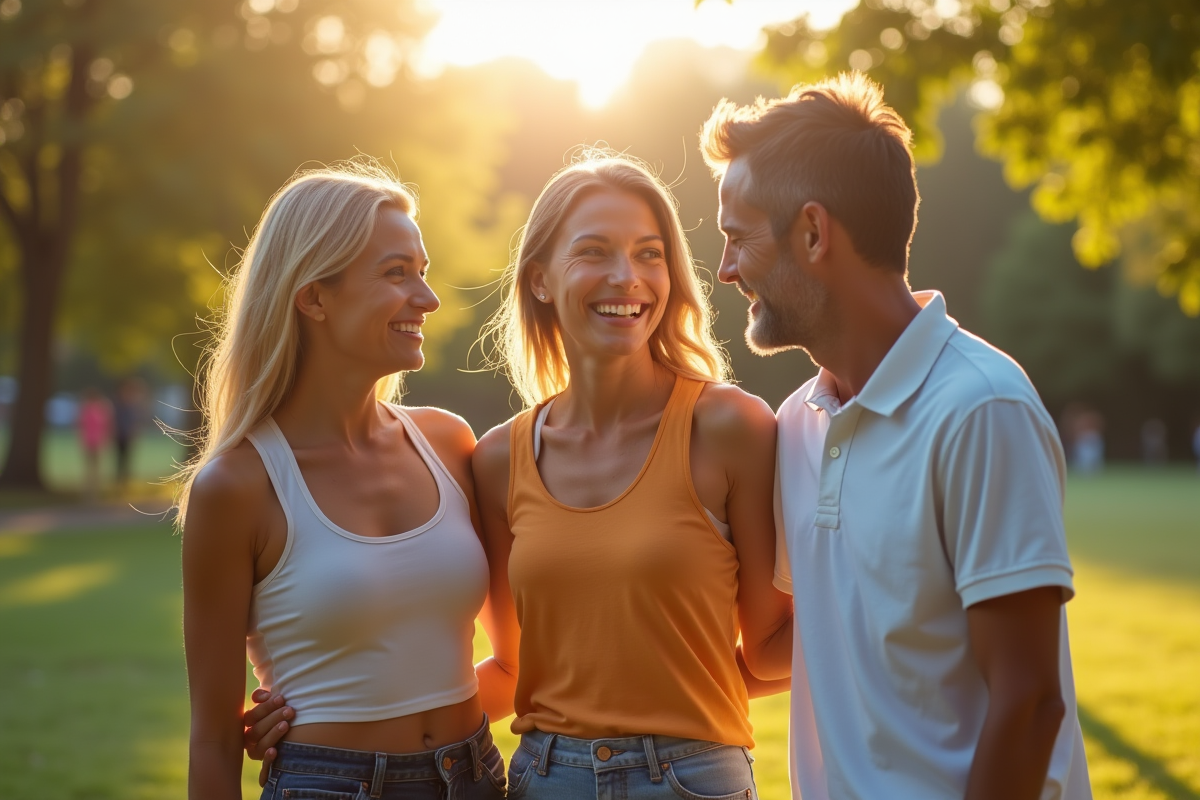 Trois personnes diverses souriantes dans un parc illustrant la sante globale