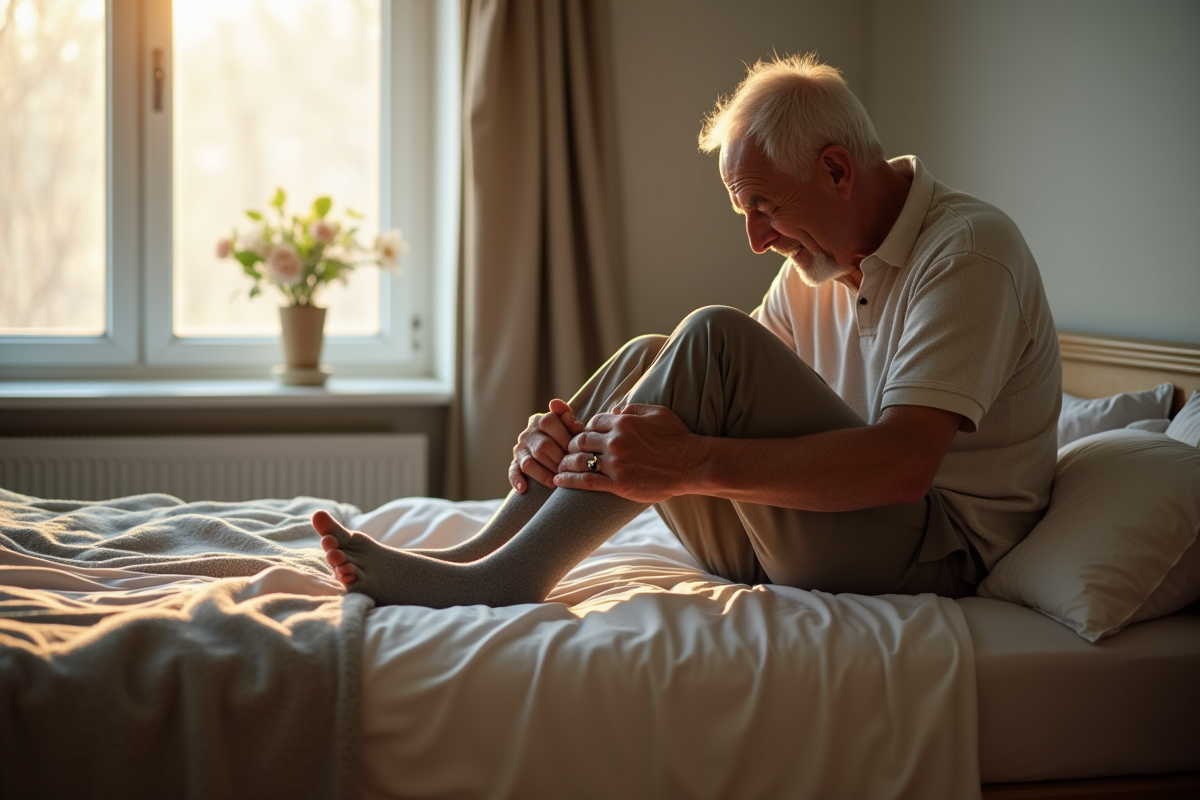Homme age assis sur le lit en train de mettre une chaussette