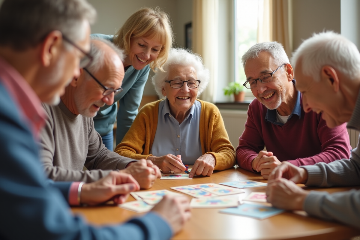 Groupe de seniors jouant à un jeu de mémoire dans un centre communautaire