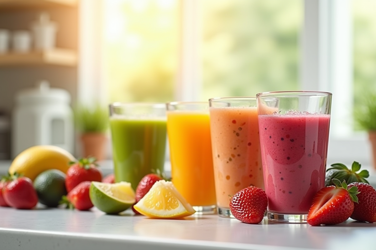 Smoothies de fruits naturels dans des verres colorés sur un comptoir lumineux