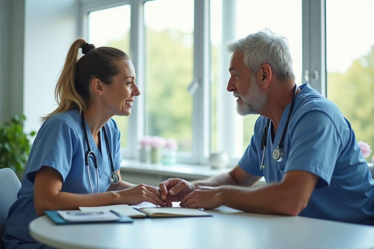 Infirmière prenant soin d'une personne âgée lors d'une consultation
