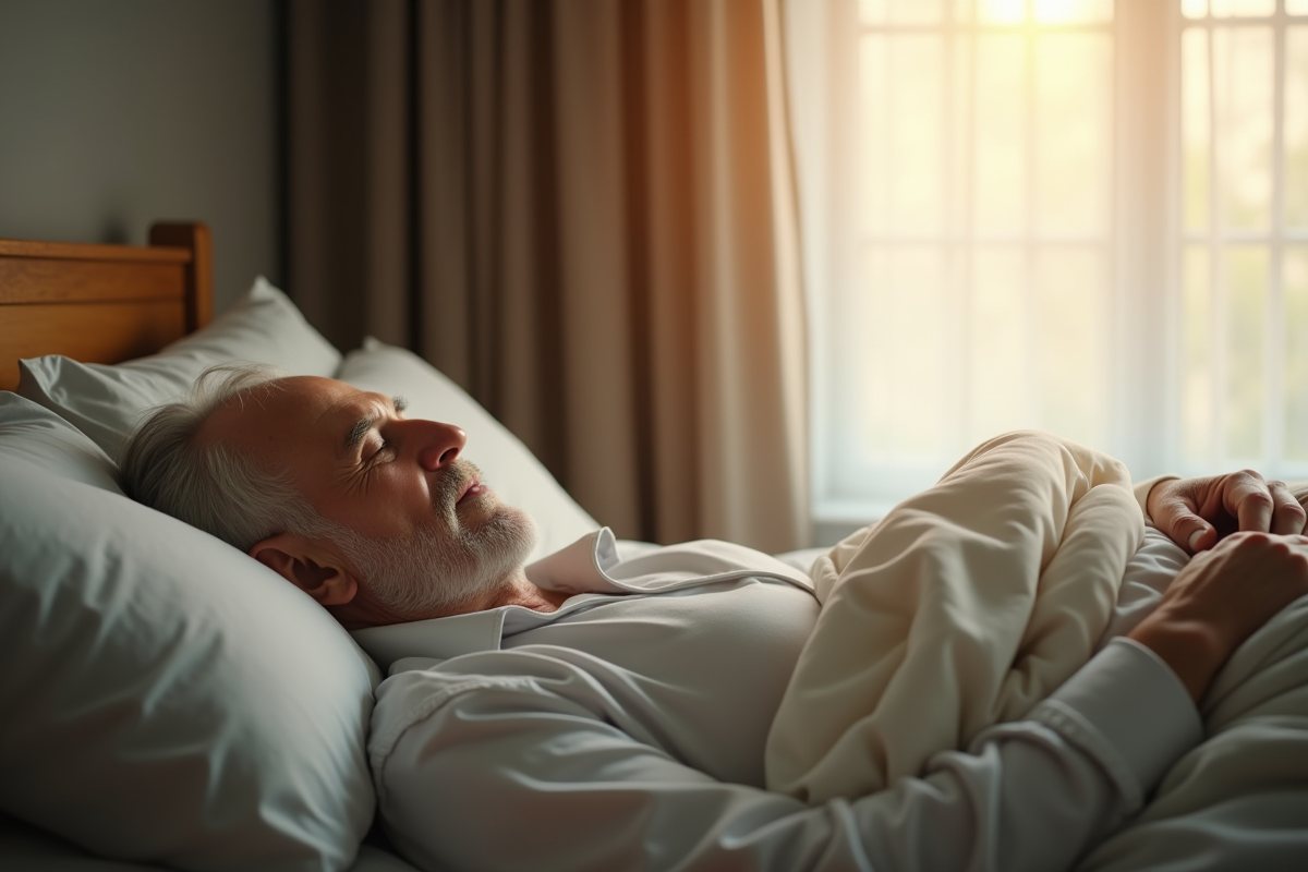 Homme age paisiblement endormi dans une chambre lumineuse