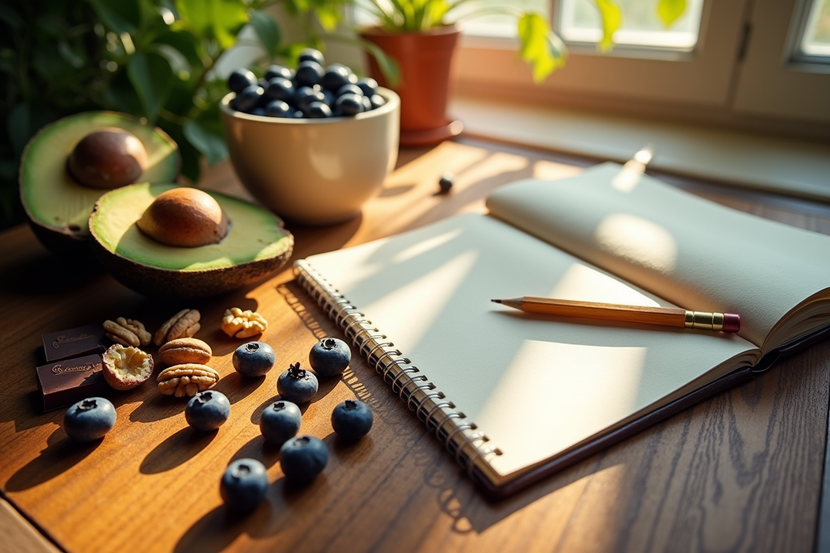 Table en bois avec myrtilles noix chocolat et avocat