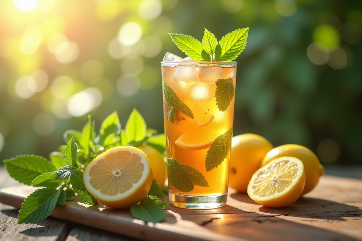 Thé glacé aux herbes menthe et citron sur une table en bois