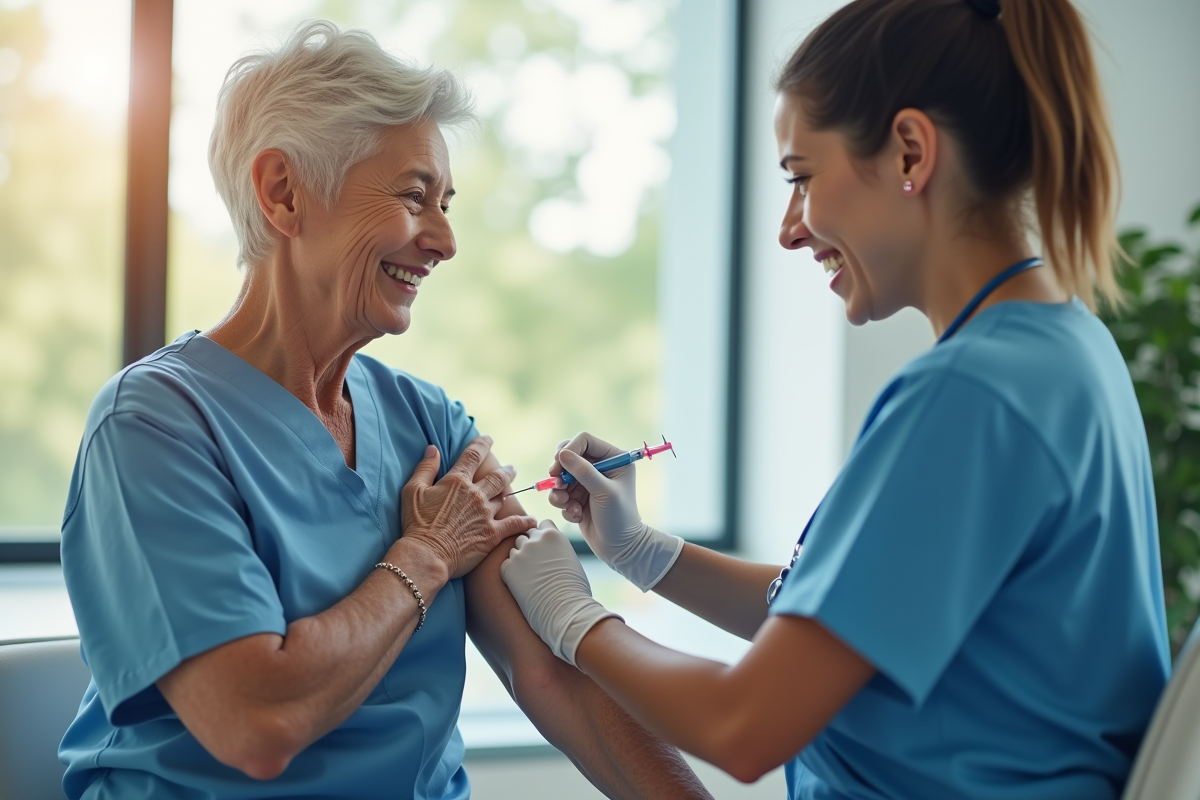 Femme senior recevant un vaccin dans une clinique moderne