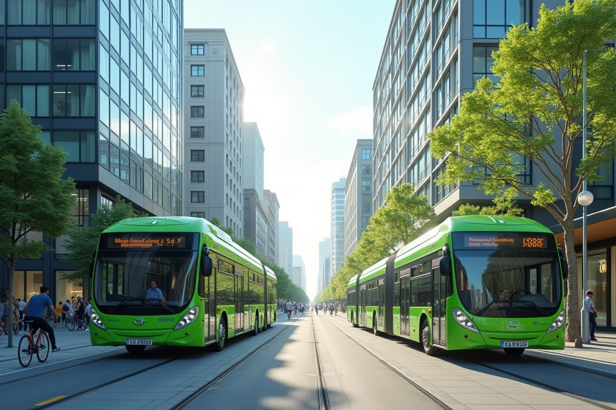 Rue urbaine avec bus verts et station de mesure de la qualité de l air
